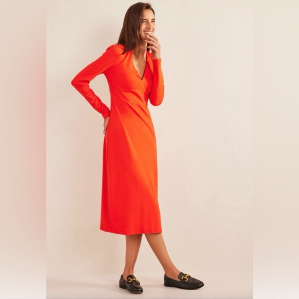 Boden Red Column Jersey Midi Tea Dress V-Neck, Long Sleeve Size US 4P NWT